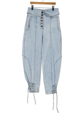Ulla Johnson Light Blue High-Rise Button-Fly Cropped Jeans w Ankle Ties size 4